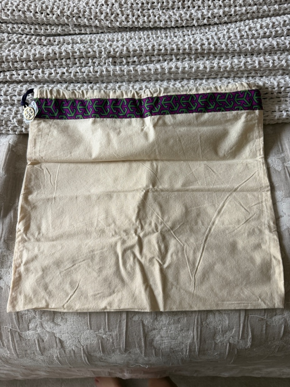 Tory Burch Canvas Drawstring Dust Bag with Purple & Green Trim